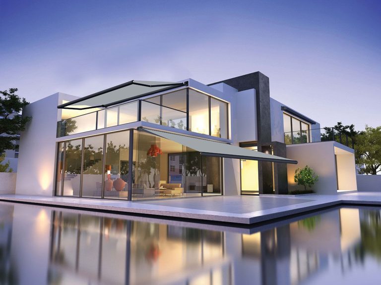 Moderner Bungalow mit Marsala Sonnenschutz