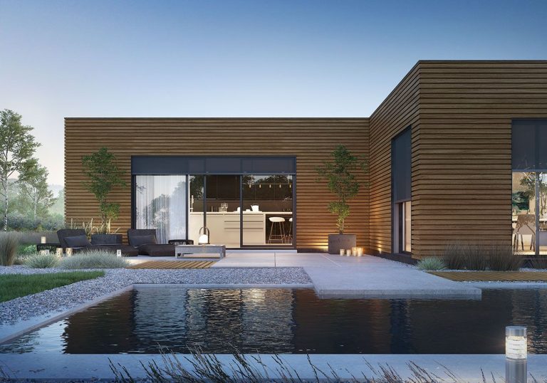 Moderner Bungalow mit Holzfassade und RS Smart Fenstersonnenschutz